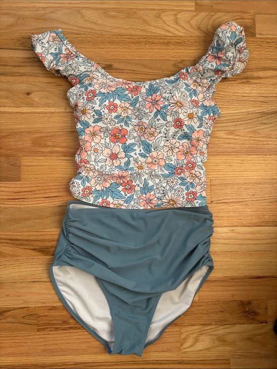 Eomenie Other - Floral Ruffle Strap Bikini Top with Dusty Blue High-Waist Bottoms